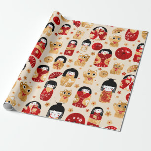 Papel De Regalo Muñecas japonesas - Gatos Kokeshi y Maneki Neko