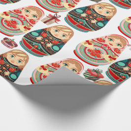 Papel De Regalo Muñecas Matryoshka rusas Sr y Sra rosa, azul marin