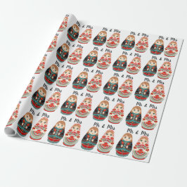 Papel De Regalo Muñecas Rusas Matryoshka Sr y Sra rosa, azul marin