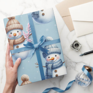 Papel De Regalo Muñeco de Nieve Adorable Fondo Nevado Azul Navidad