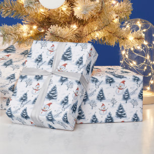 Papel De Regalo Muñeco de Nieve Adorable y Árboles Nevados Feliz N