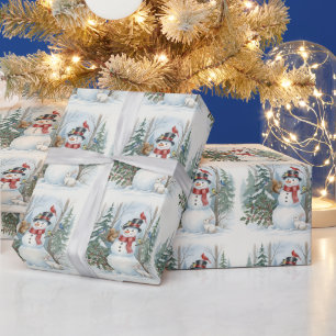 Papel De Regalo Muñeco de nieve de Navidad con animales y pájaros