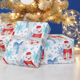 Papel De Regalo Muñeco de nieve de Navidad, copos de nieve y cajas