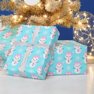 Papel De Regalo Muñeco de nieve de Navidad en azul bebé, rosa y bl