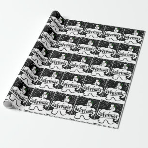 Papel De Regalo Muñeco de nieve del vintage B&W (MED. /Lg. Imagen)