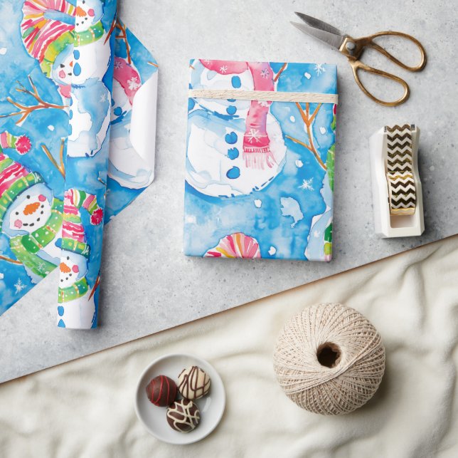 Papel De Regalo Muñeco de nieve en acuarela azul de Navidad adorab (Artesanía)