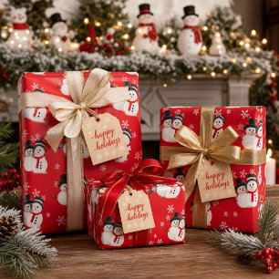 Papel De Regalo Muñeco de nieve en manualidad roja de Navidad o