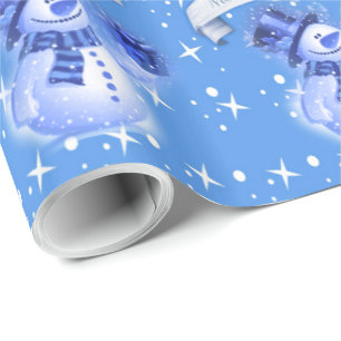 Papel De Regalo Muñeco de nieve en modelo azul escarchado