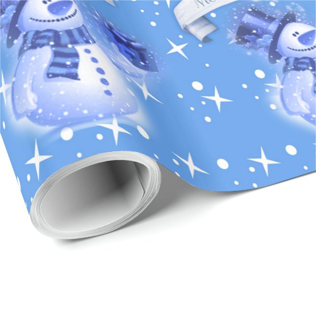 Papel De Regalo Muñeco de nieve en modelo azul escarchado (Esquina del rollo)