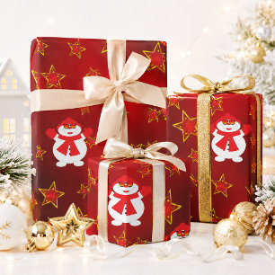 Papel De Regalo Muñeco de nieve lindo estrellas rojas doradas Navi