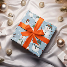 Papel De Regalo Muñeco de Nieve Navideño Patrón Azul Fiesta