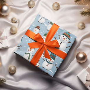 Papel De Regalo Muñeco de Nieve Navideño Patrón Azul Fiesta