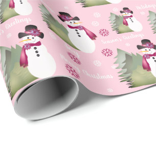 Papel De Regalo Muñeco de nieve rosa y burdeos