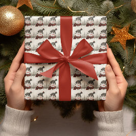 Papel De Regalo Muñeco de Nieve Rústico Cuadros Navidad Personaliz
