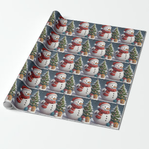 Papel De Regalo Muñeco de nieve y árbol de Navidad con regalos 