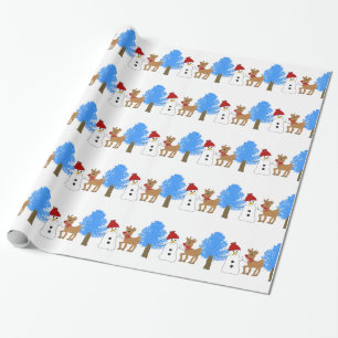 Papel De Regalo Muñeco de nieve y reno en el bosque
