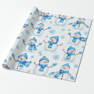 Papel De Regalo Muñecos de nieve alegres y copos de nieve azules –