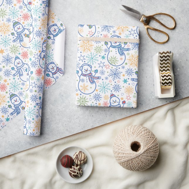 Papel De Regalo Muñecos de nieve azules felices (Artesanía)
