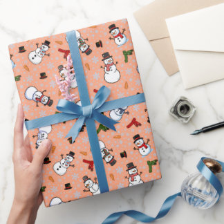 Papel De Regalo Muñecos de nieve y copos de nieve en melocotón