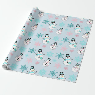 Papel De Regalo Muñecos de nieve y copos de nieve Navidad azul ver