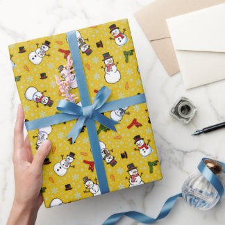 Papel De Regalo Muñecos de nieve y copos de nieve sobre oro