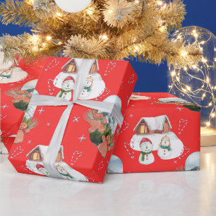 Papel De Regalo Muñecos de nieve y pan de jengibre Navideño Rojo F