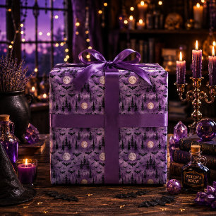 Papel De Regalo Murciélagos espeluznantes de Halloween Bosque púrp