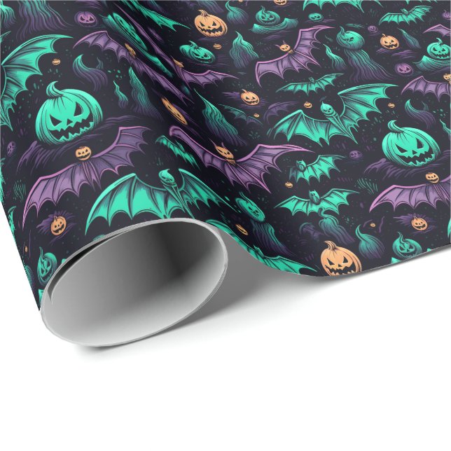 Papel De Regalo Murciélagos y calabazas Morado Verde Halloween (Esquina del rollo)