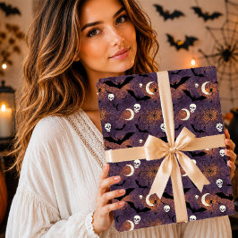 Papel De Regalo Murciélagos y Calaveras Góticos Espeluznantes Púrp