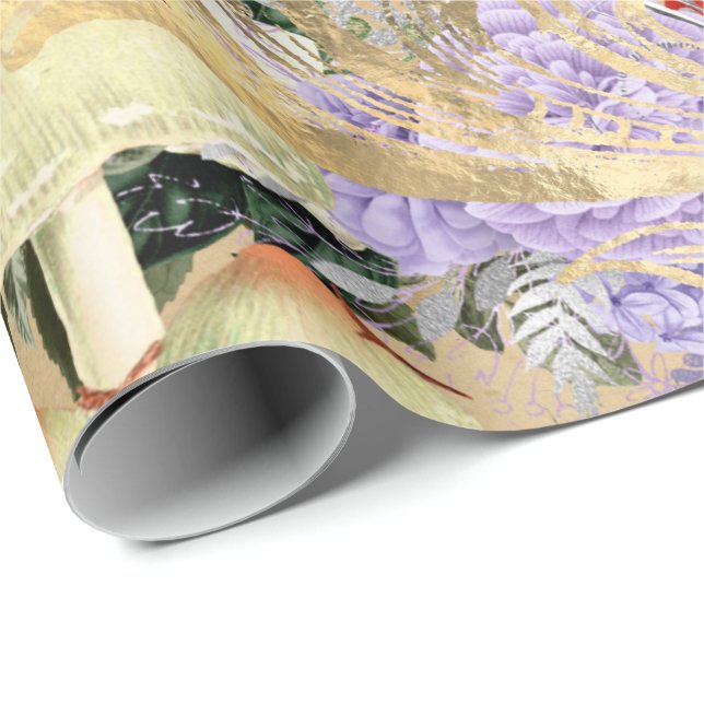 Papel De Regalo Mushroom Woodland Antiguo Rosa de oro Marsala Purp (Esquina del rollo)