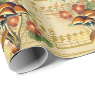 Papel De Regalo Mushrooms Brown Naranja Vintage Song Gold Notes