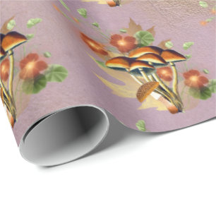 Papel De Regalo Mushrooms Brown Woodland Antiguo Purple Gold