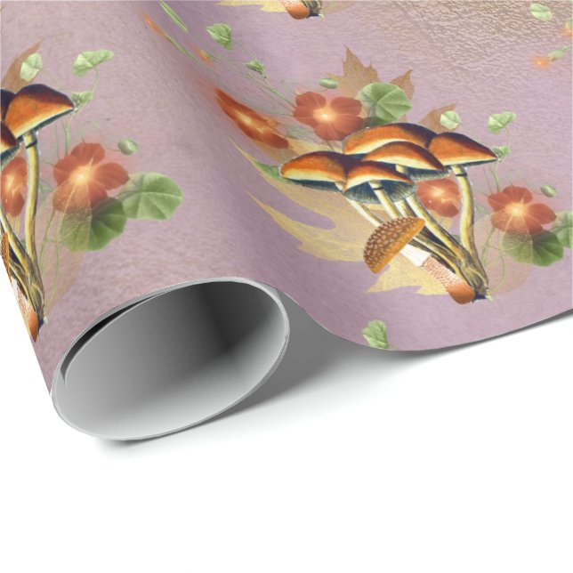 Papel De Regalo Mushrooms Brown Woodland Antiguo Purple Gold (Esquina del rollo)