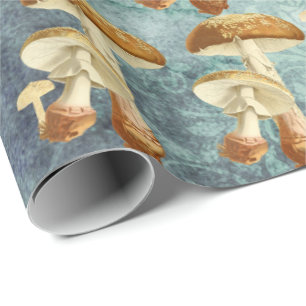 Papel De Regalo Mushrooms Brown Woodland Verde azulado azul antigu