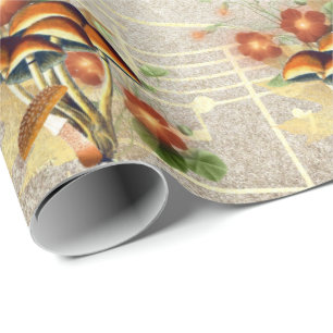 Papel De Regalo Mushrooms Brown Woodland Vintage Song Gold Notes