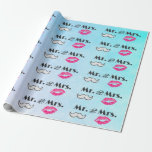Papel De Regalo Mustache & Lips Mr. y Mrs. Pattern<br><div class="desc">Papel envuelto con un diseño de parejas de estilo moderno para un boda o aniversario. Los labios glamorosos de besos rosas y el ilustracion masculino de bigote retro. Con un texto que diga Mr. y Mrs. en un tipo de letra retro. Está situado sobre un fondo de color azul turquesa....</div>