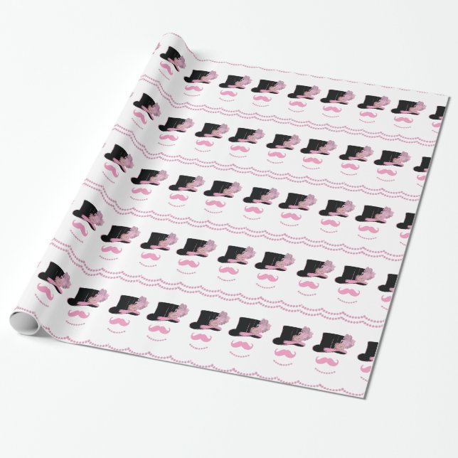 Papel De Regalo Mustache rosa, sombrero superior y perlas (Desenrollado)