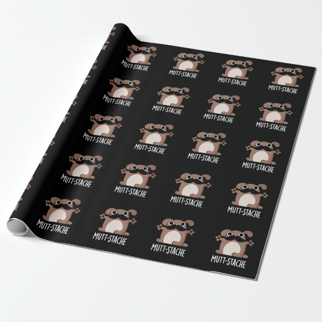 Papel De Regalo Mutt-stache Funny Dog Mustache Pun Dark BG (Desenrollado)