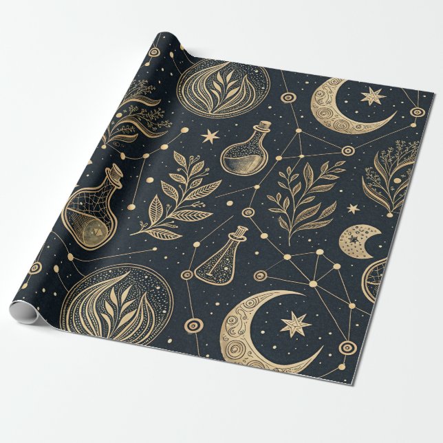 Papel De Regalo Mystical Celestial Witchcraft - Gold Botanical (Desenrollado)