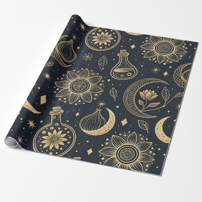 Papel De Regalo Mystical Celestial Witchcraft - Gold Botanical (2) (Desenrollado)