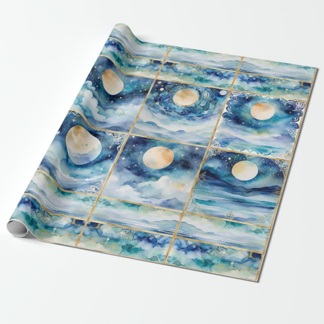 Papel De Regalo Mystical Moonlight Stars Ocean Blue Sea Decoupage (Desenrollado)