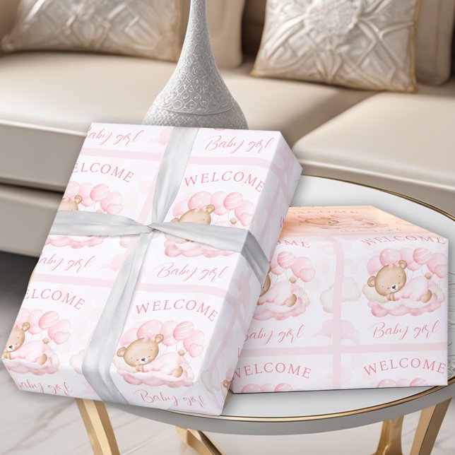 Papel De Regalo Nacida Recién Nacida Nombra Oso Rosa (Newborn Baby Girl Name Pink Bear Wrapping Paper)