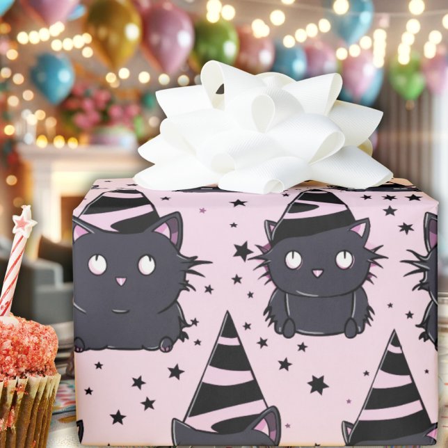 Papel De Regalo Nacimiento del gato negro rosado del bebé del Góti (pastel goth baby pink black kitty cat witchy wrapping paper witch cute whimsical witch hat stars)