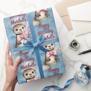 Papel De Regalo Nacimiento personalizado del Chica de bebés Otter