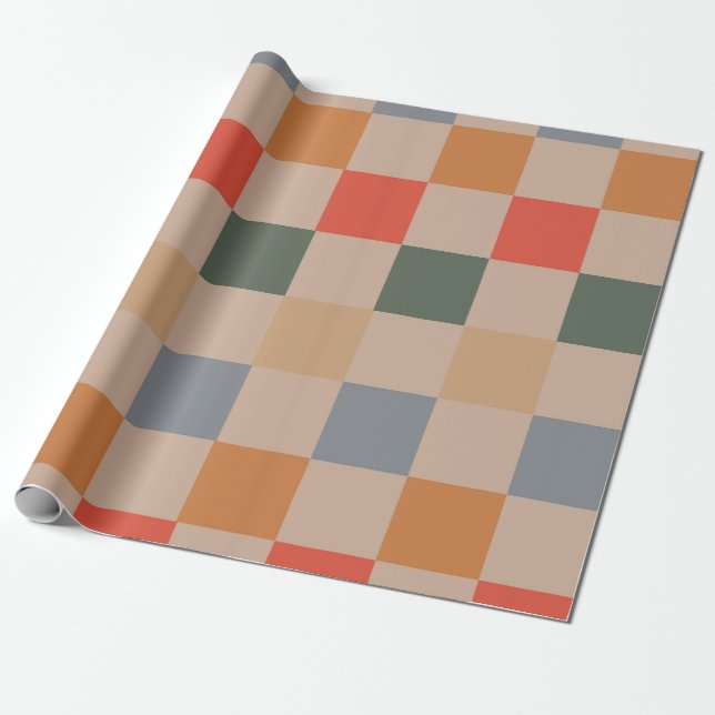 Papel De Regalo Naranja azul beige Brown Checkered Gingham Pattern (Desenrollado)