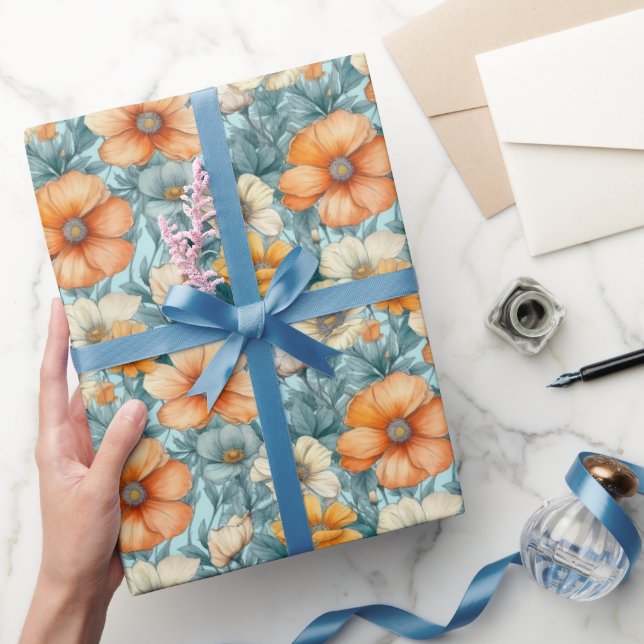 Papel De Regalo Naranja azul de flores (Regalar)