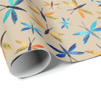 Papel De Regalo Naranja azul Dragonflies Taupe Dragonfly