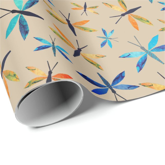 Papel De Regalo Naranja azul Dragonflies Taupe Dragonfly (Esquina del rollo)
