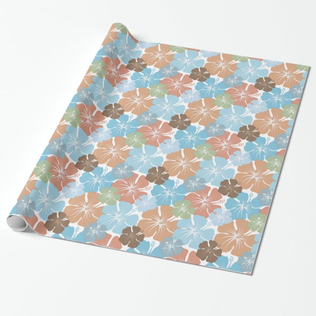 Papel De Regalo Naranja Azul tropical Peach Green Hibiscus Flowers (Desenrollado)