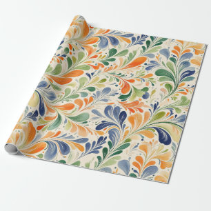 Papel De Regalo Naranja Azul Verde Floral Paisley Vintage